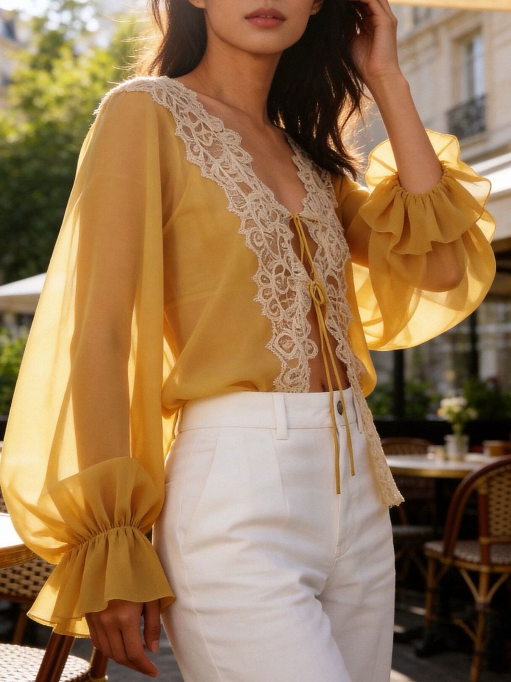 💛 Hello Gorgeous! Sheer Yellow Lace-Trim Women’s Blouse
